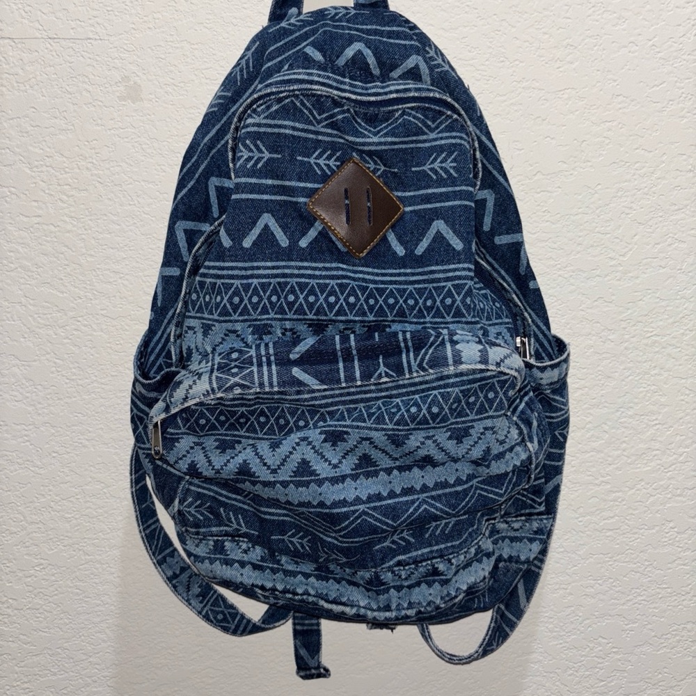 Aztec-Inspired Blue Denim Backpack